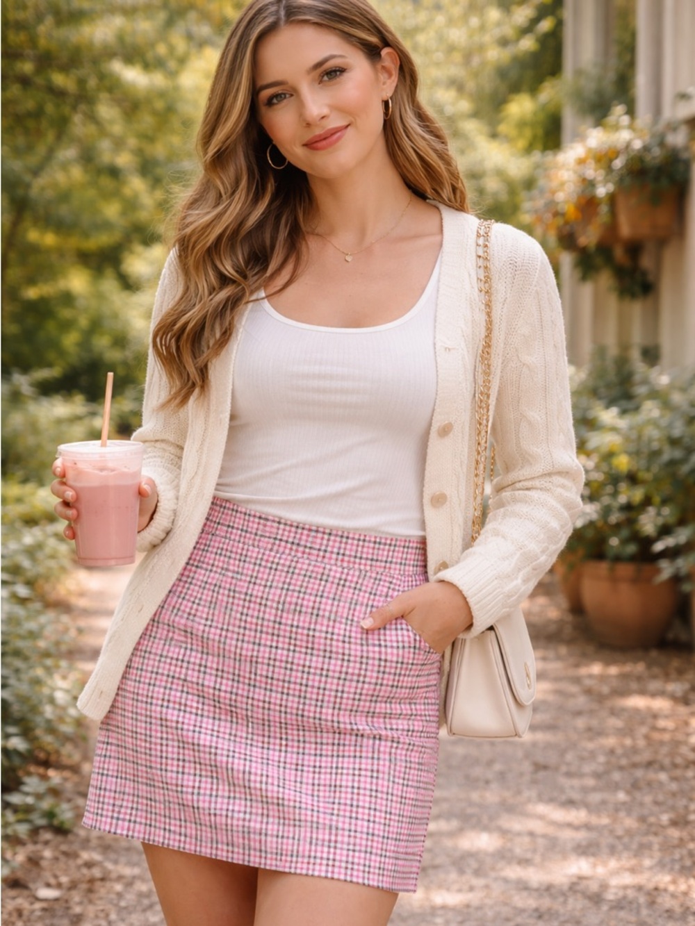 112.) NWOT ROMWE Pink Houndstooth Mini Skirt
